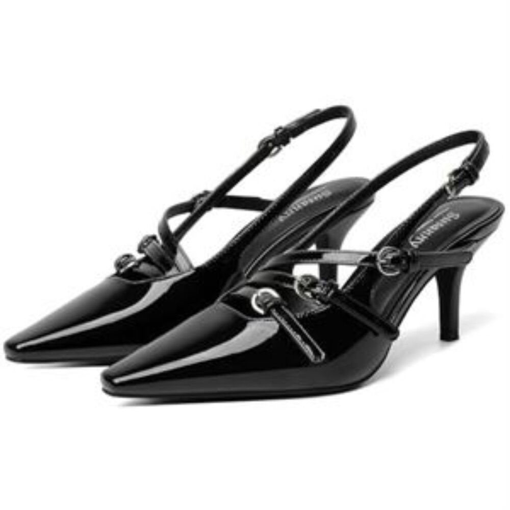 Triple strapped Mary Janes! Black Slingback Kitten Heels Strappy Dress Pumps 8.5